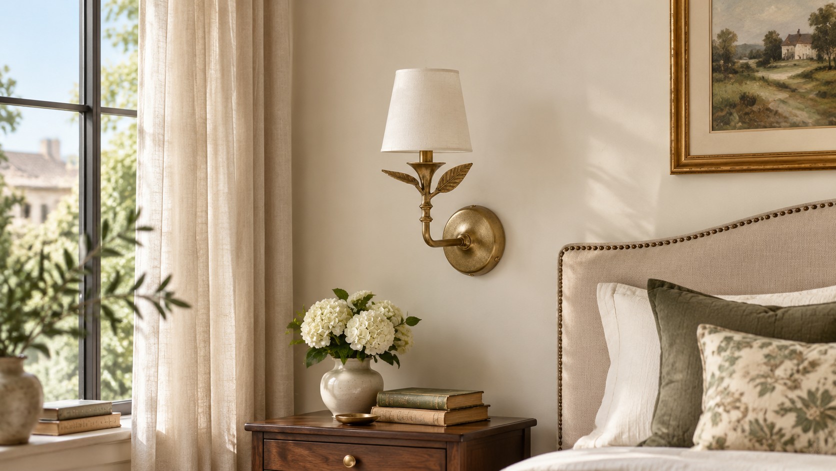 Elowen leaf linen wall sconce beside a bed in daylight