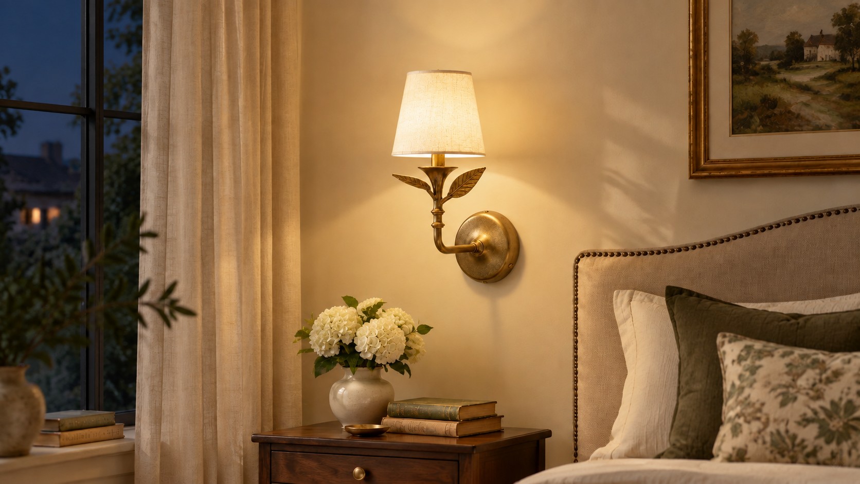 The same Elowen sconce after dark, linen shade lit