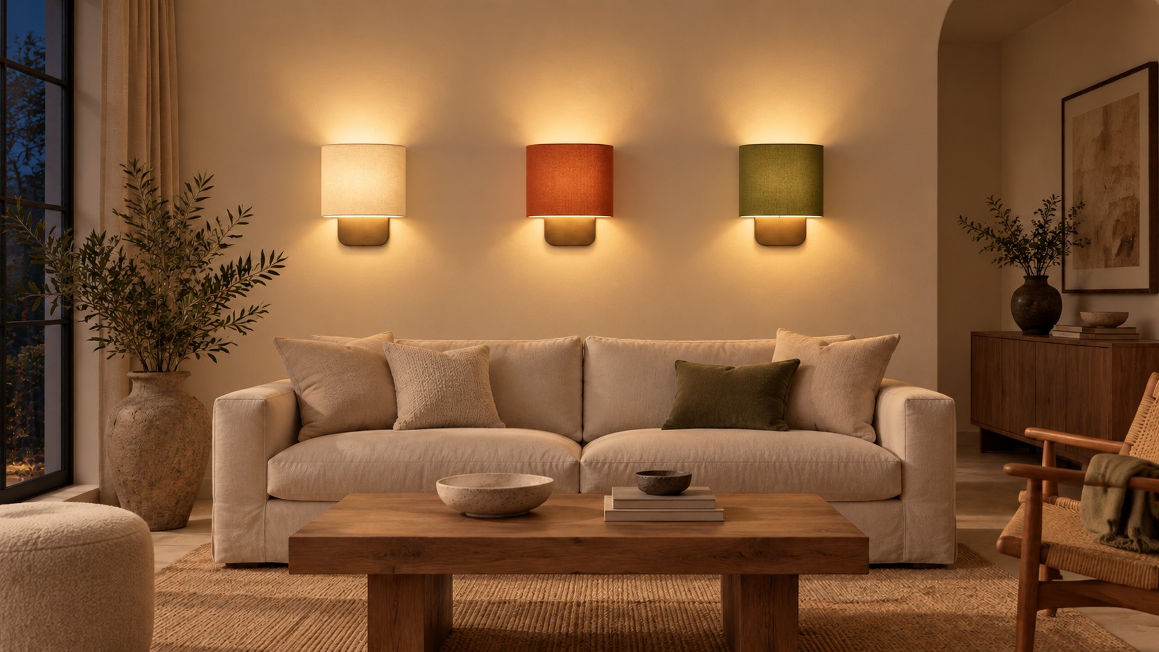 The same three Asta sconces after dark, fabric drums lit