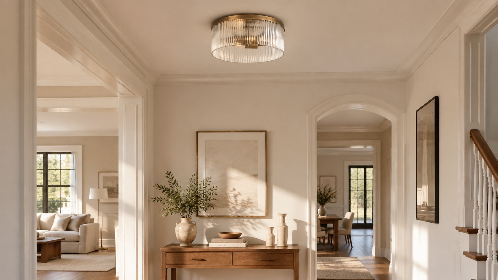 Raya brass ribbed-glass flush mount in a sunlit hallway, lamps off
