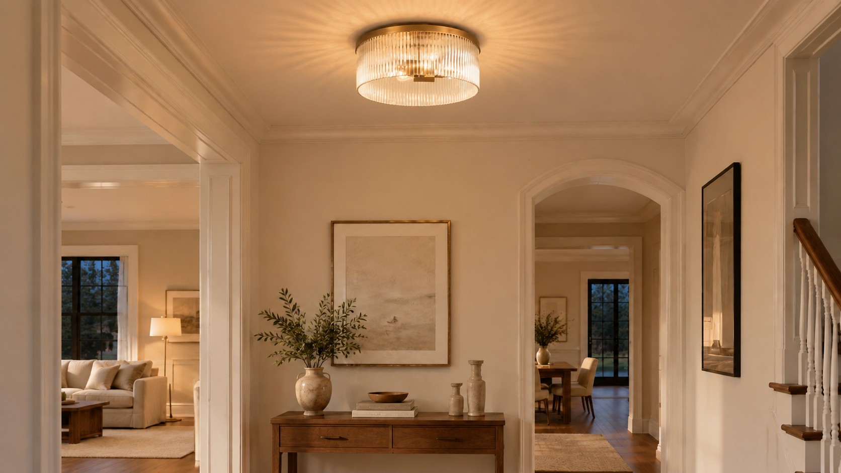 The same hallway after dark, the ribbed drum throwing a sunburst on the ceiling