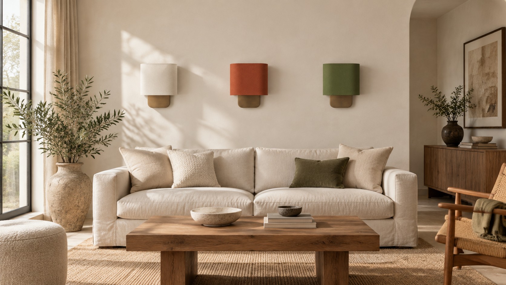 Three Asta fabric drum wall sconces over a sofa in daylight