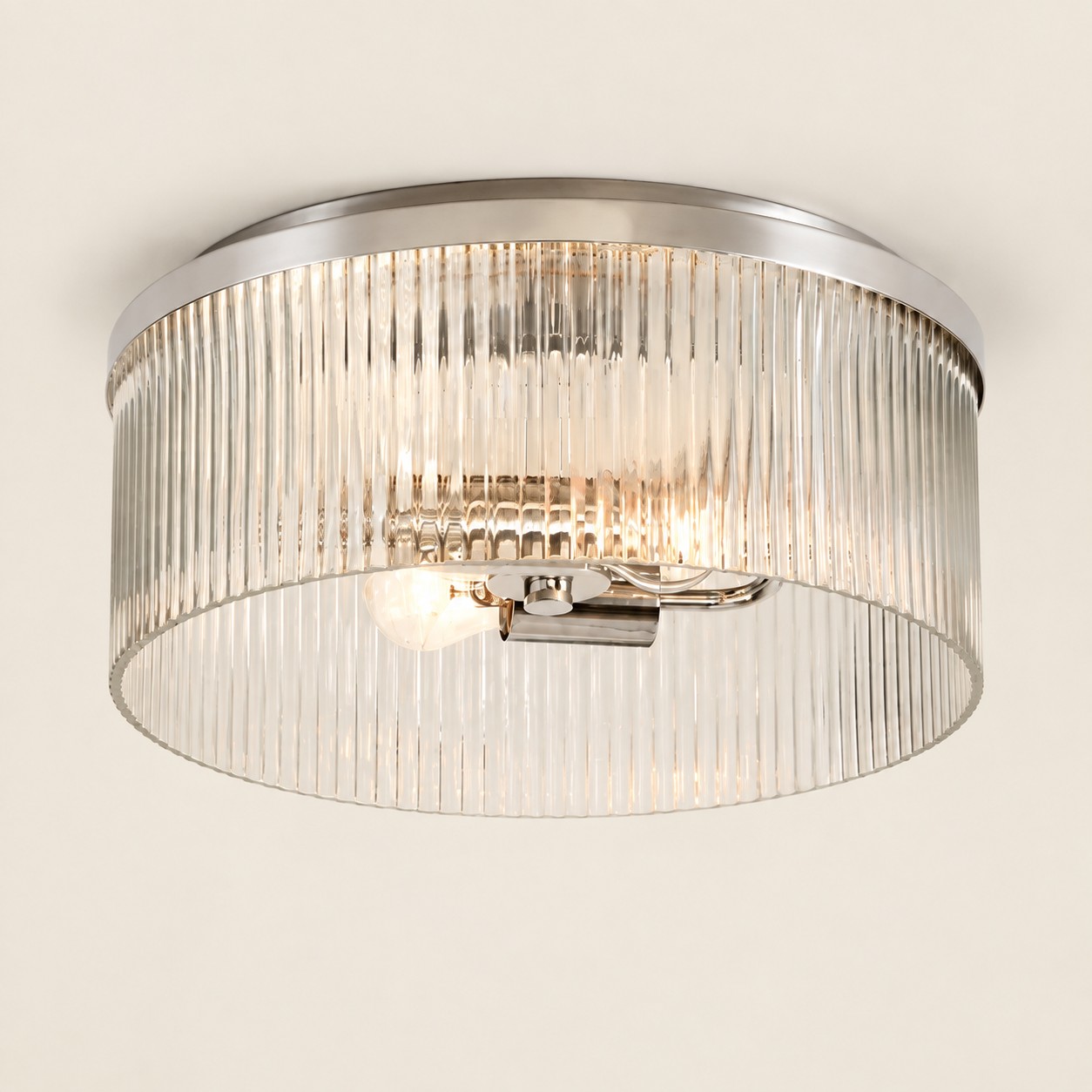 Raya ribbed glass flush mount, Polished Nickel