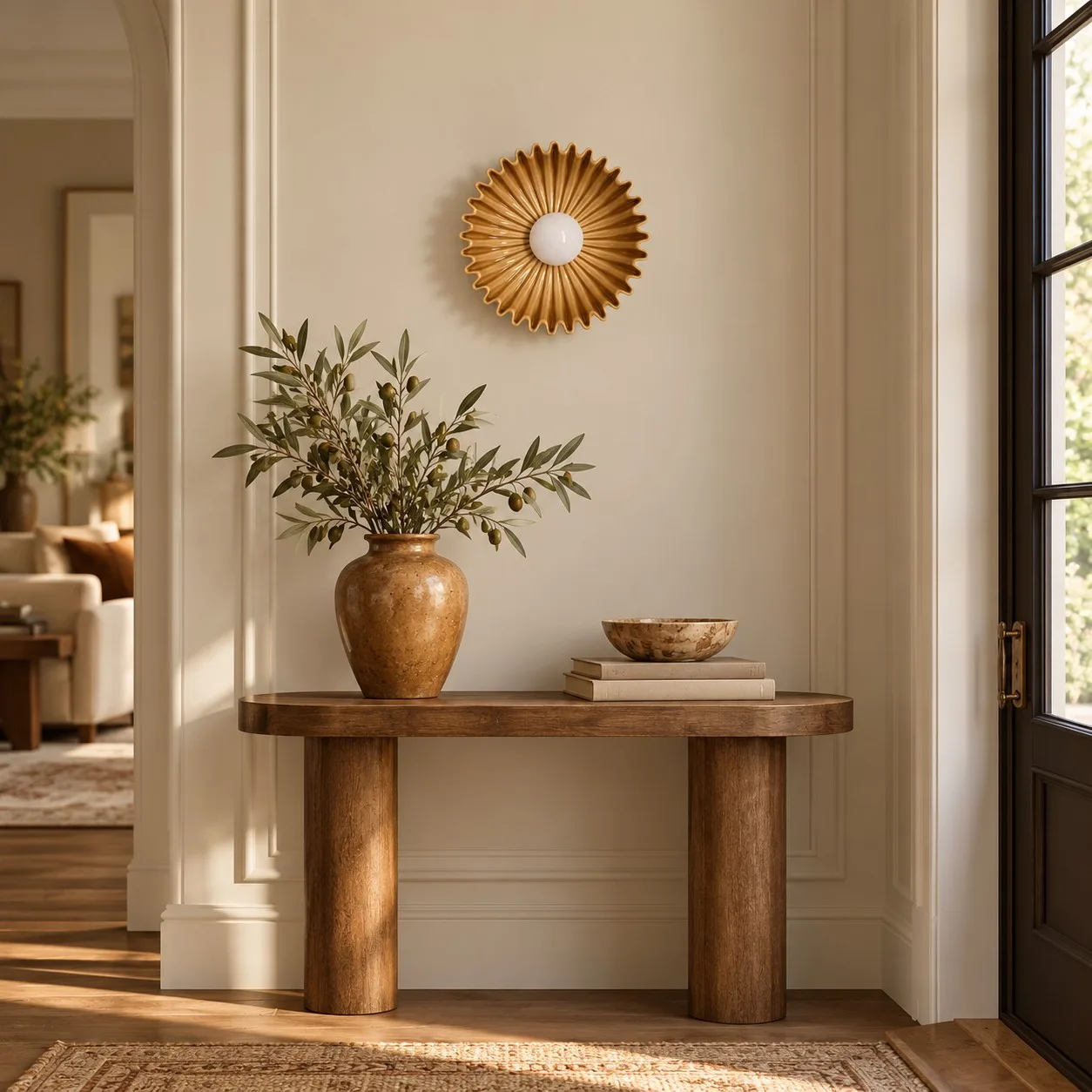 Beige flower wall light above an entry table