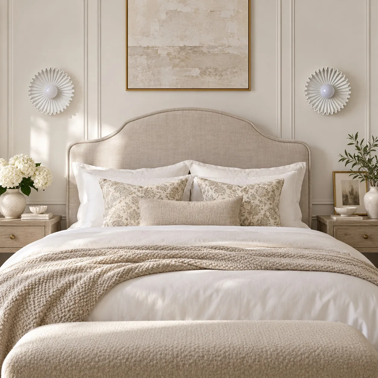 Off-white flower wall lights beside a bed