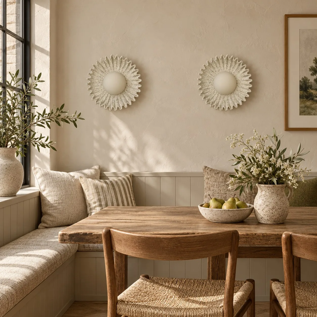 Cement white flower wall lights above a dining bench