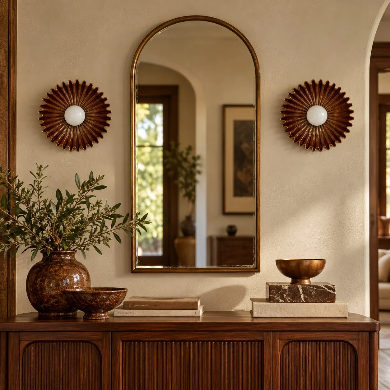 Brown flower wall lights flanking a mirror