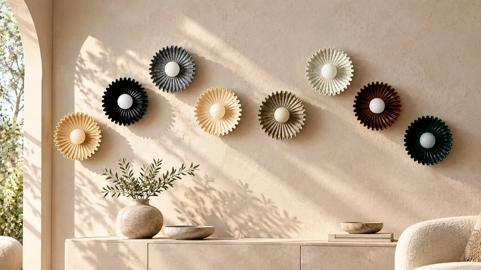 Eight flower wall light finishes on one wall