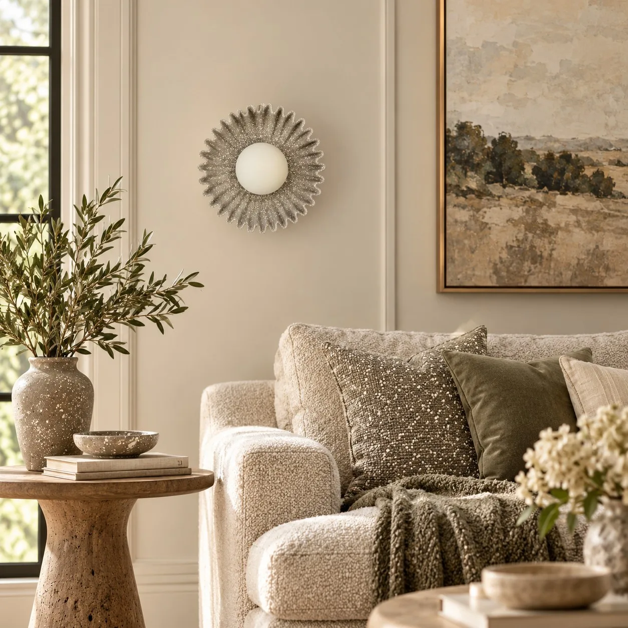 Cement grey flower wall light in a living room