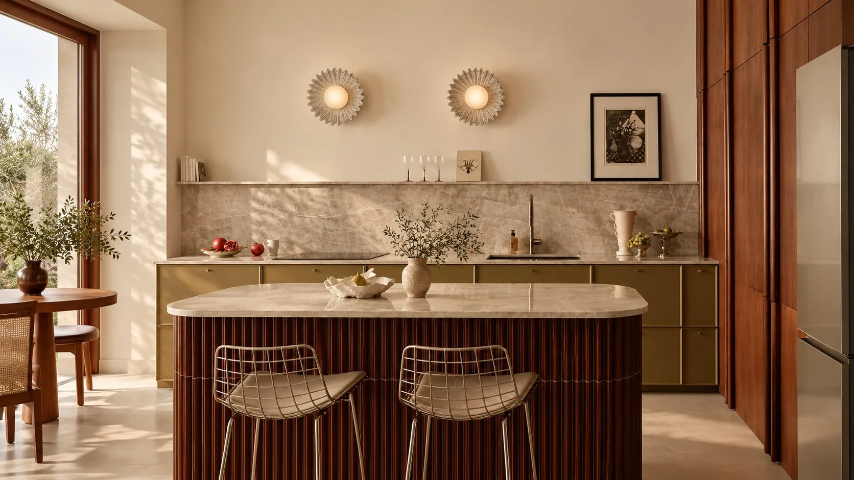 Flower wall lights above a kitchen counter