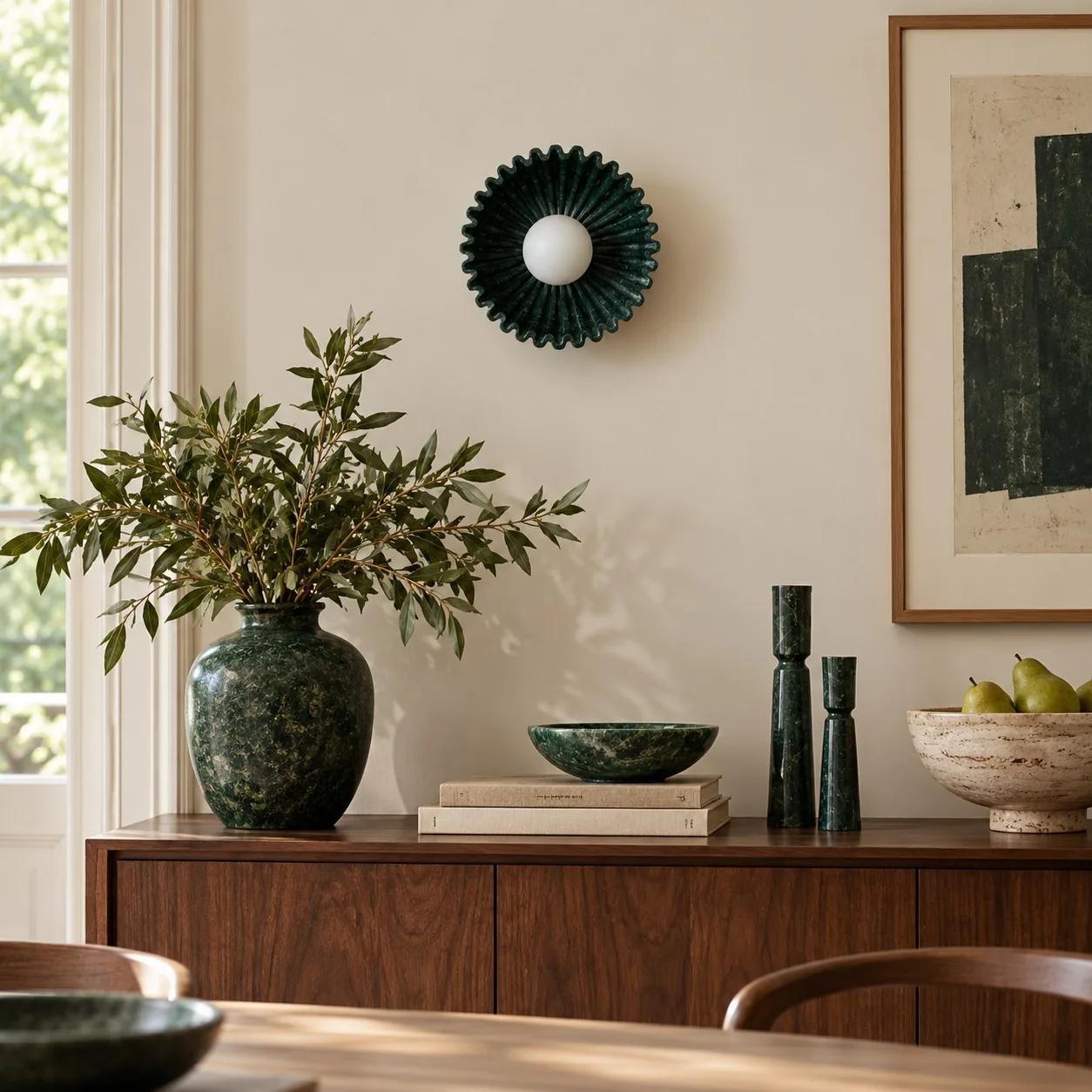 Dark green flower wall light in a dining room