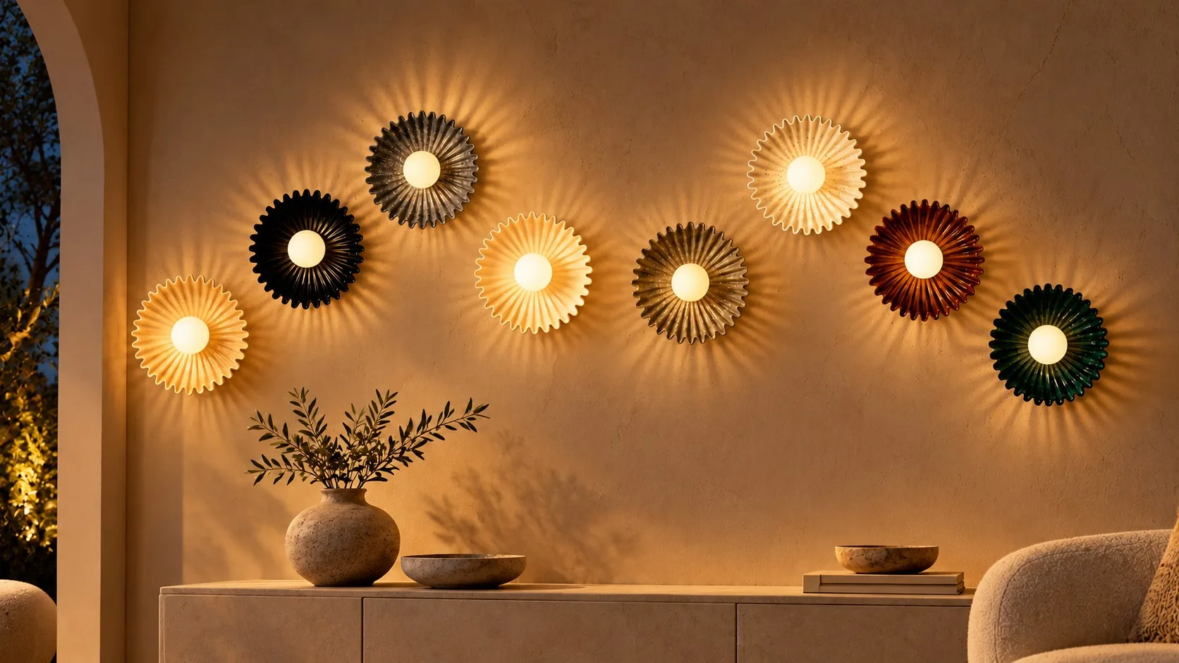Huit appliques fleur avec la LED chaude allumée