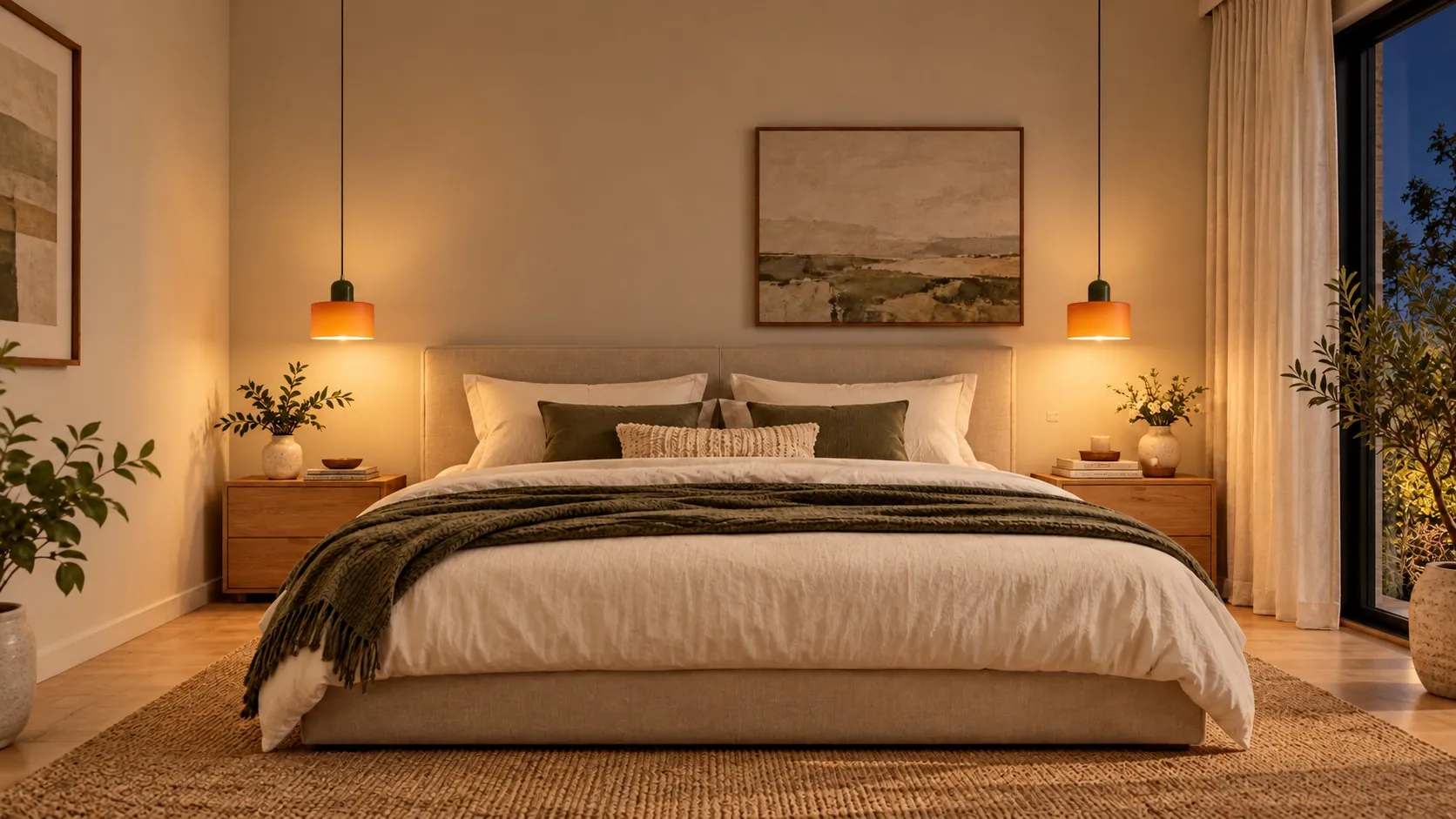 Dezelfde slaapkamer bij nacht, met beide oranje kappen aan