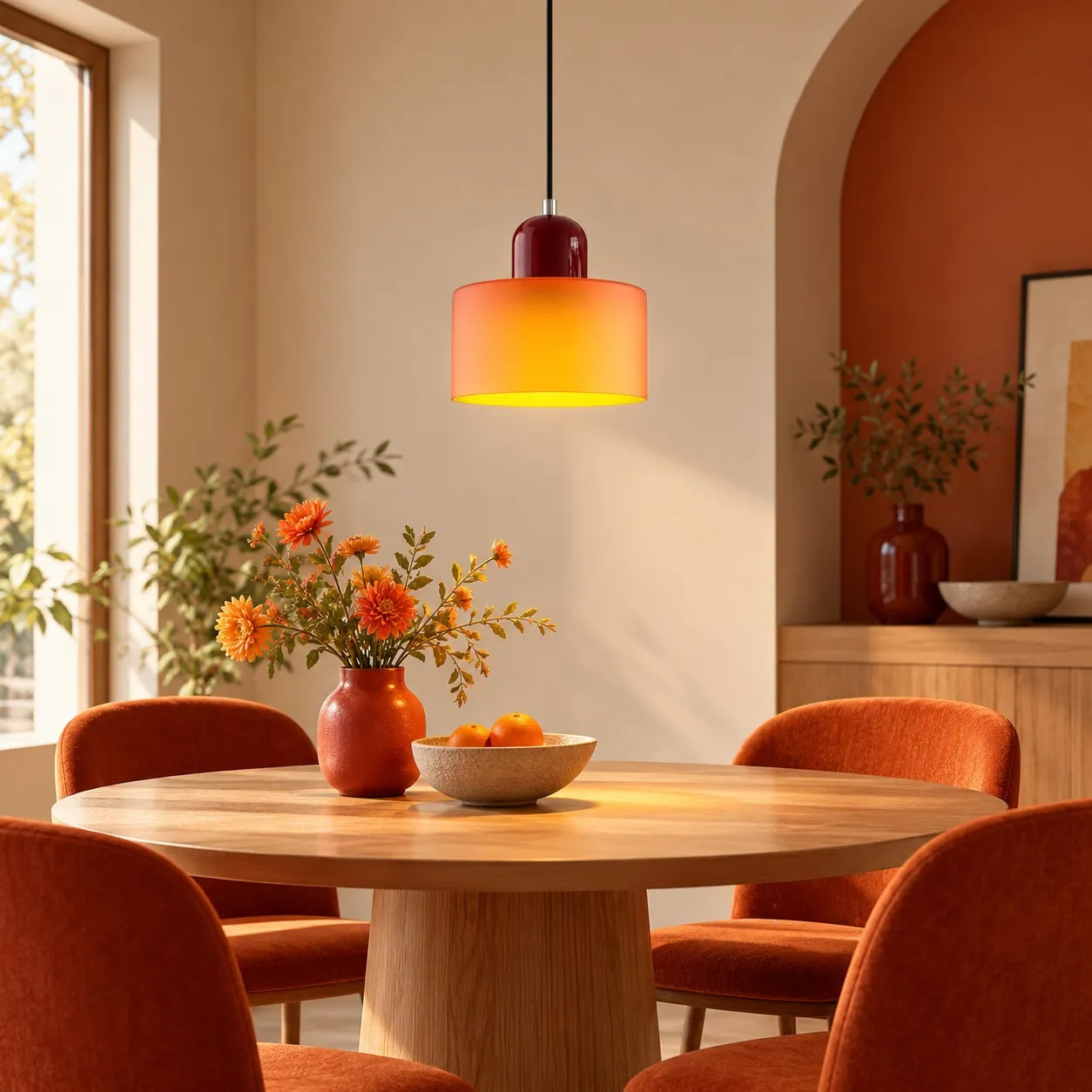 Red cap and orange shade over a round dining table