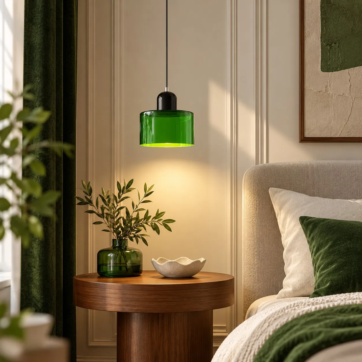 Black cap and bright green shade over a round side table