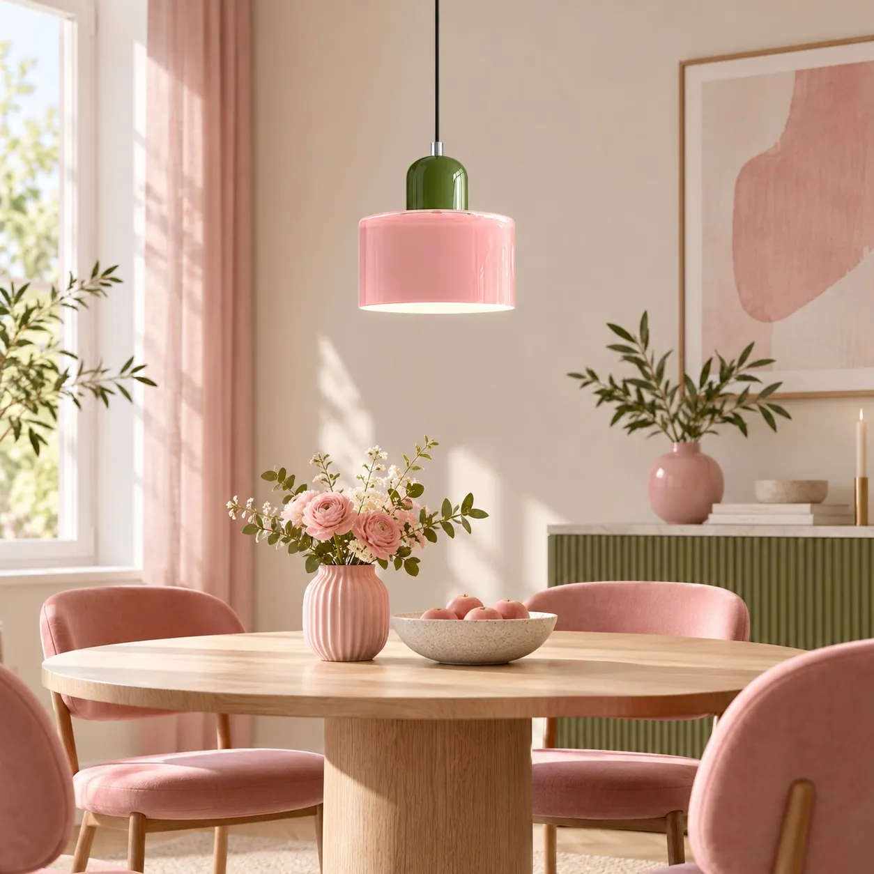 Green cap and pink shade over a pink dining setting
