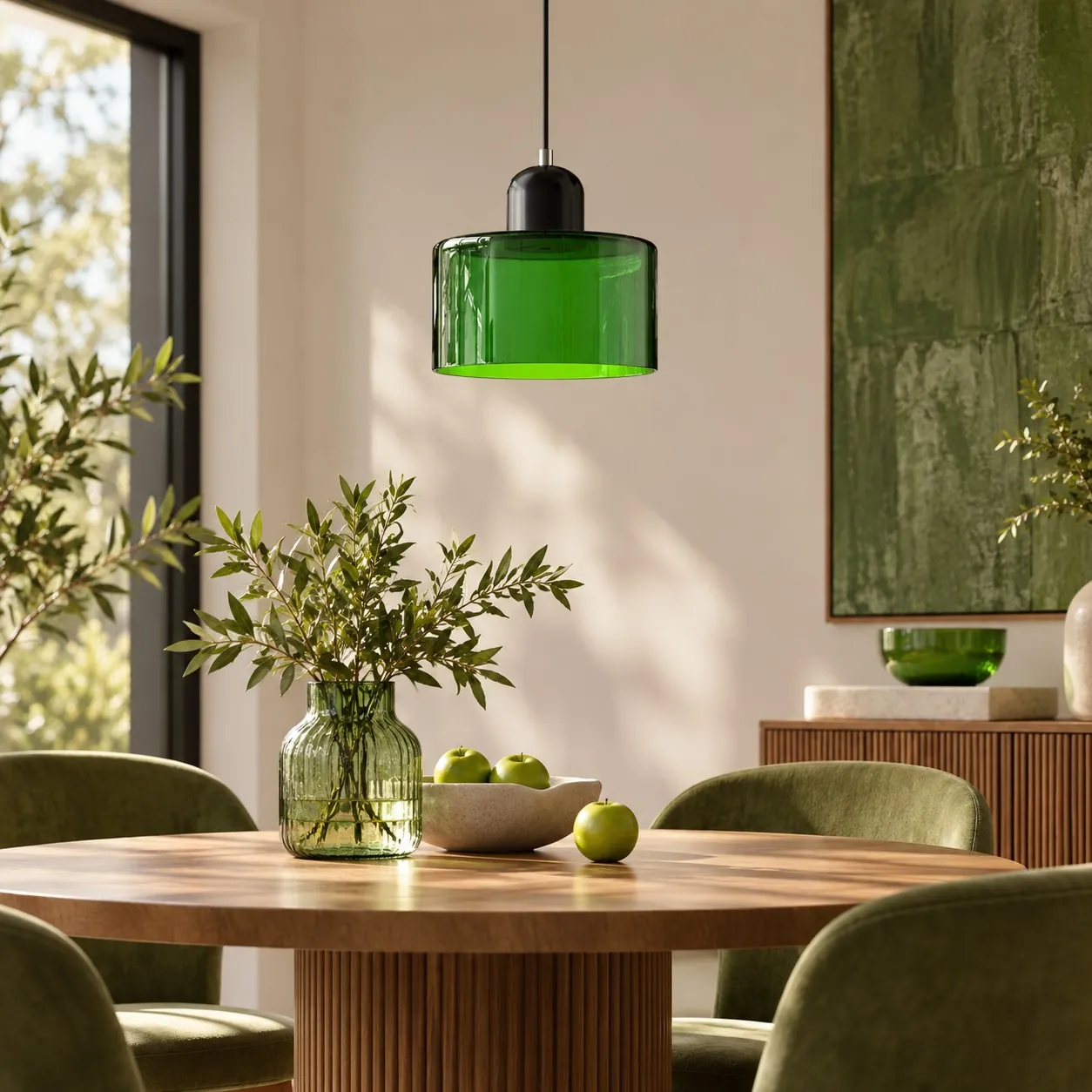Black cap and bright green shade over a round dining table