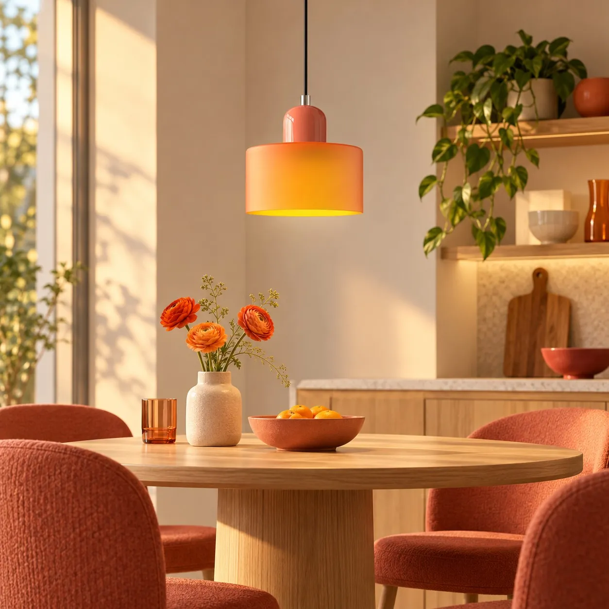 Coral cap and orange shade in a sunlit dining corner