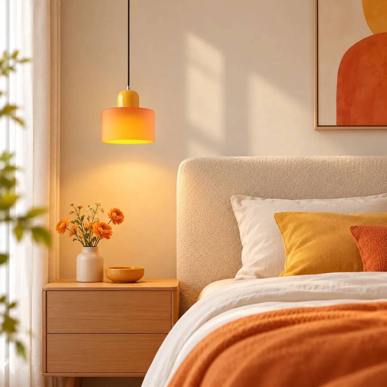 Yellow cap and orange shade beside a bed