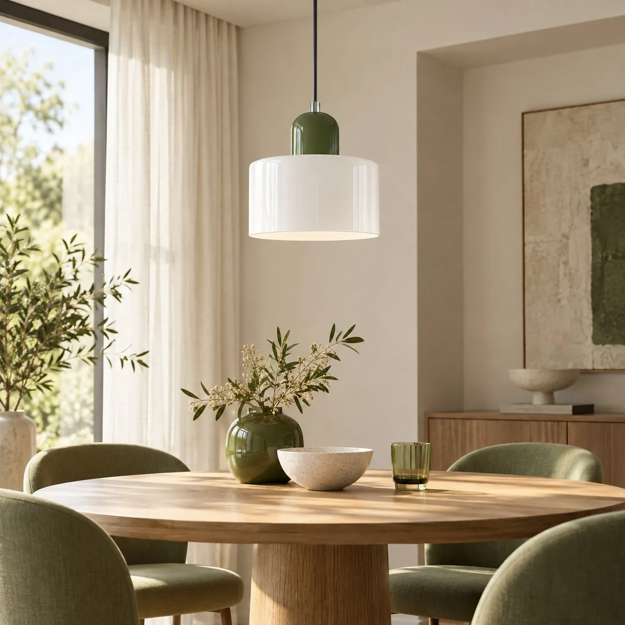 Green cap and white shade over a round dining table