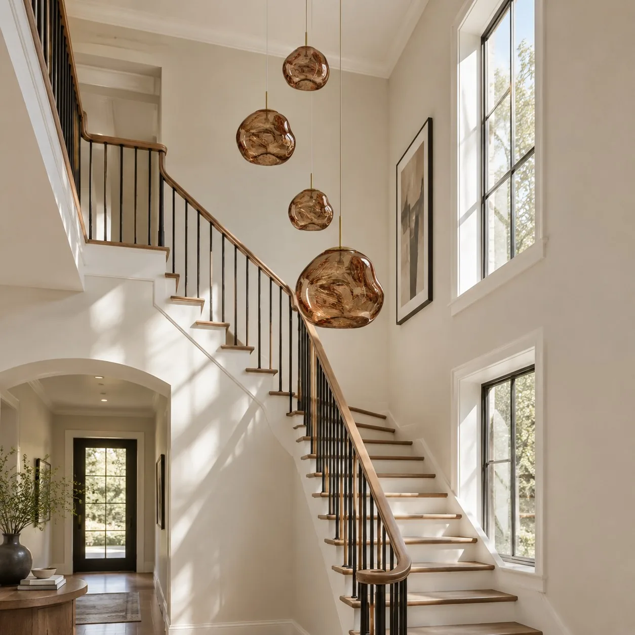 Amber pendant cluster beside a wooden stair