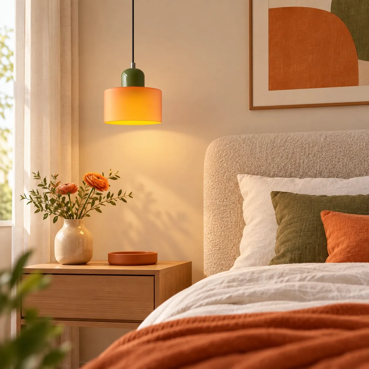 Green cap and orange shade beside a bed