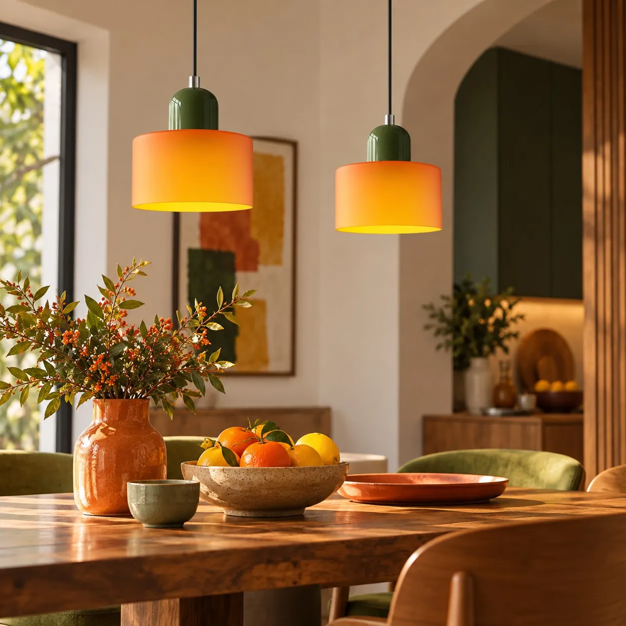 Two green-cap orange-shade pendants over a dining table